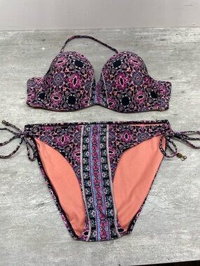 la Vie en Rose Aqua Bikini Set Womens Large Purple Boho Push Up Halter Excellent
